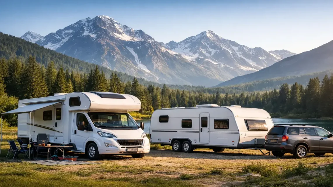 Karavan nedir? Dağ manzarasında göl kenarında kamp yapan motokaravan ve çekme karavan