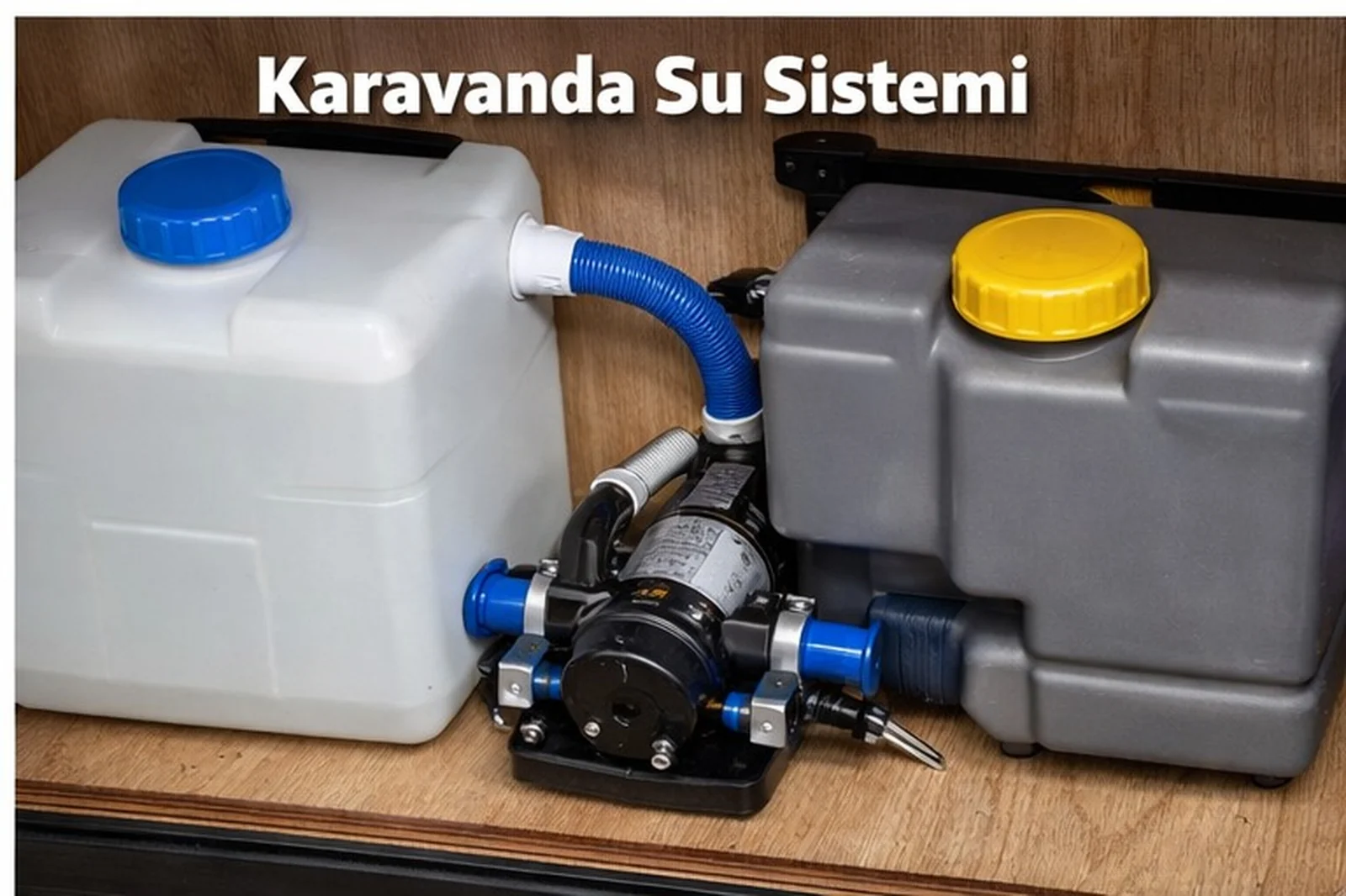 karavanda su sistemi şeması: temiz su deposu, pompa, gri su hattı ve kaçak kontrolü
