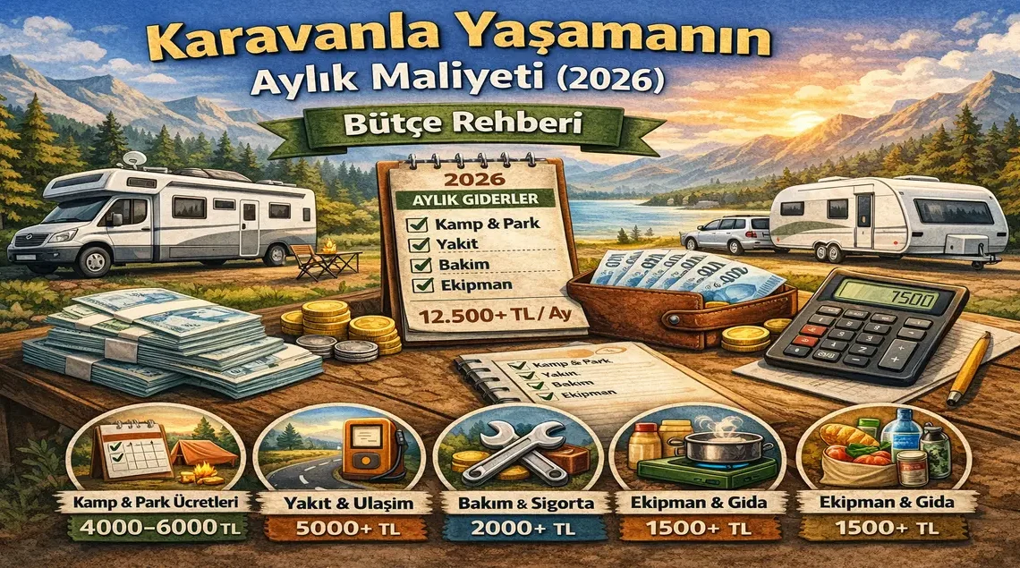 Karavanla yaşamanın aylık maliyeti 2026: kamp, yakıt, bakım-sigorta ve ekipman giderlerini özetleyen bütçe rehberi görseli