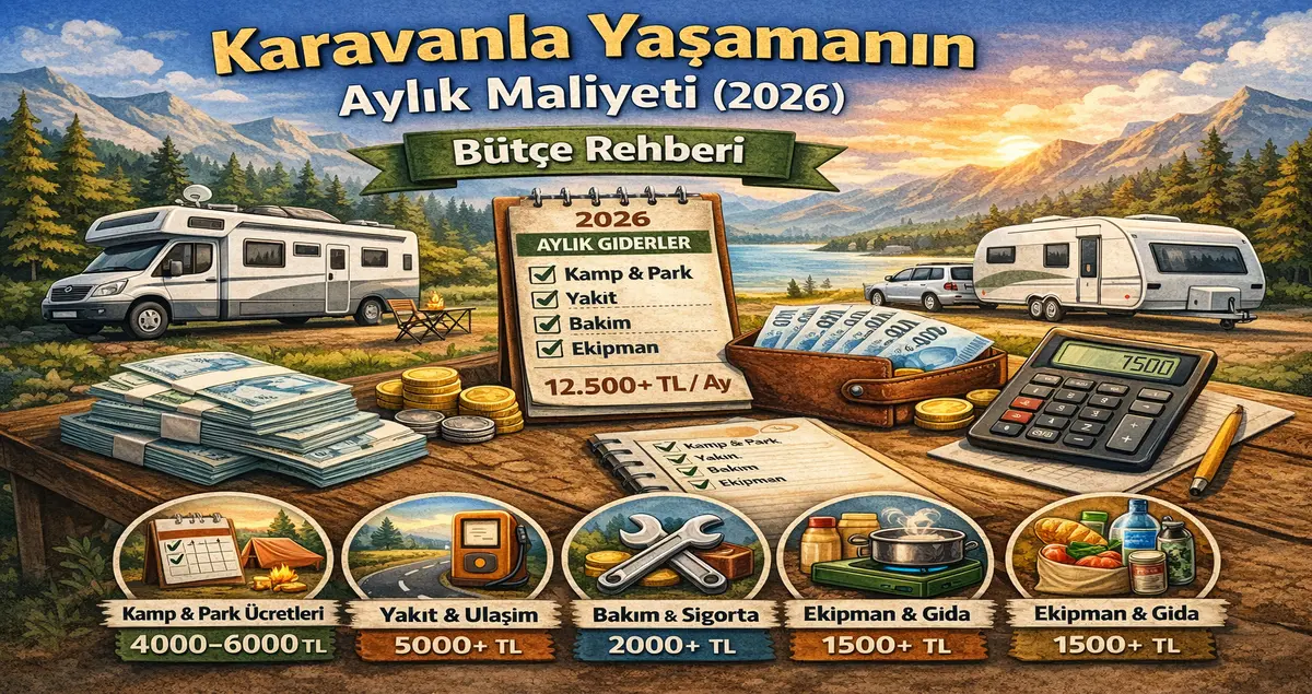 Karavanla yaşamanın aylık maliyeti 2026: kamp, yakıt, bakım-sigorta ve ekipman giderlerini özetleyen bütçe rehberi görseli