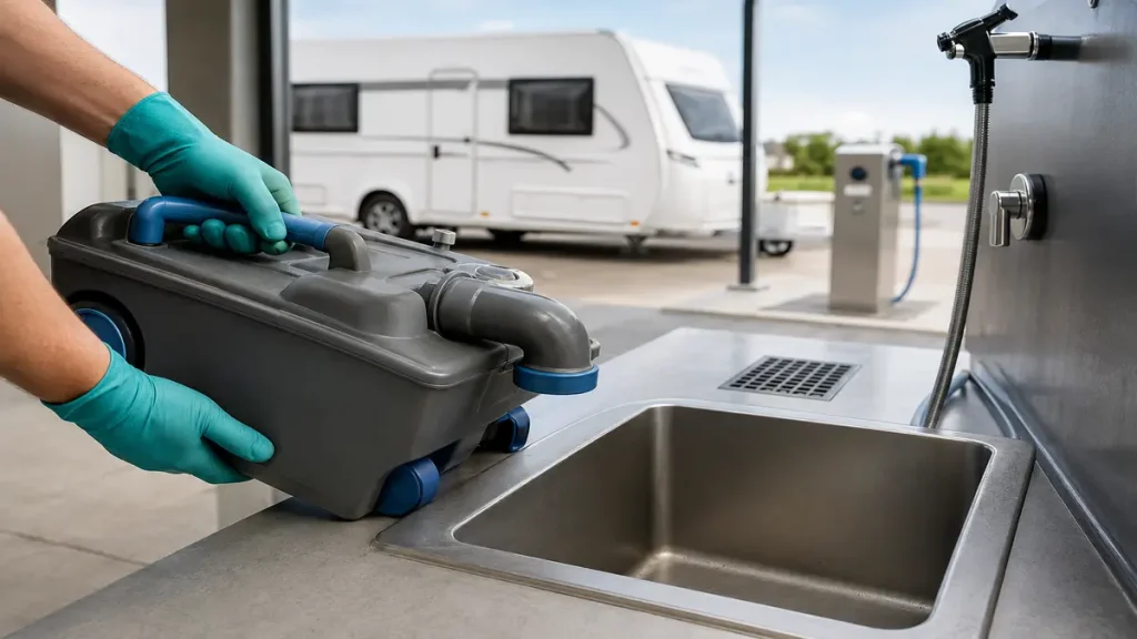 Kasetli karavan tuvaletinin güvenli boşaltım noktasında boşaltılması