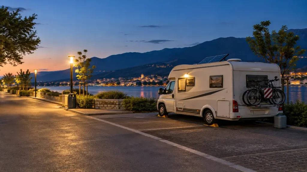 Güvenli ücretsiz karavan kamp alanları için aydınlatılmış sert zeminli park örneği
