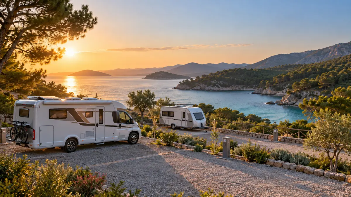 Ücretsiz karavan kamp alanları 2026 için deniz ve orman manzaralı düzenli karavan parkı